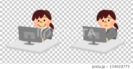 パソコンで仕事をするスーツの女性 表情のセット パソコンで仕事をするスーツの女性 表情のセット 134028775