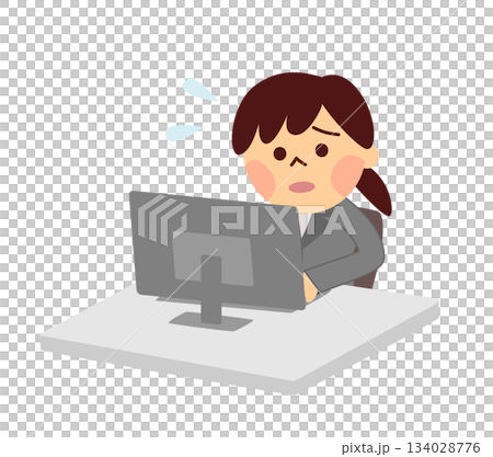 A woman in a suit working in a hurry on a computer 134028776