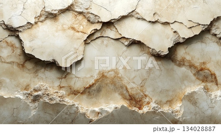The shot captures a detailed view of a cracked stone wall, showcasing intricate patterns and mineral streaks. The natural textures and hues create an earthy, rustic appearance. 134028887