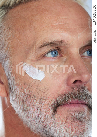 Skincare, cream and face of senior man in studio for wellness, facial treatment and anti aging cosmetics. Beauty, dermatology and zoom of male model with lotion, creme and moisturizer for hygiene 134029520