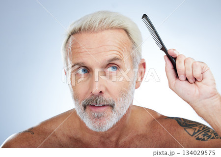 Hair style, comb and grooming with man in studio for haircare, barber and morning routine. Beauty, hairdresser and salon with senior male on white background for handsome, self care and brushing Hair style, comb and grooming with man in studio for haircare, barber and morning routine. Beauty, hairdresser and salon with senior male on white background for handsome, self care and brushing 134029575