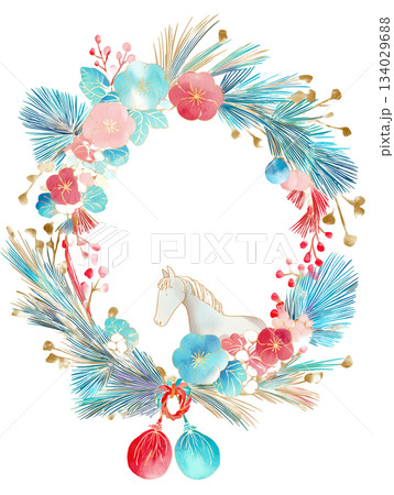 水彩の馬とボタニカルリース：新年のグリーティングカード 134029688