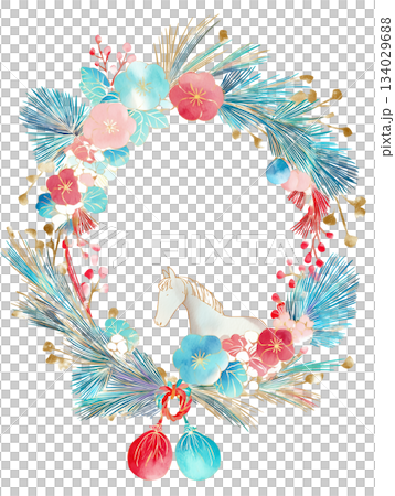 水彩の馬とボタニカルリース：新年のグリーティングカード 134029688