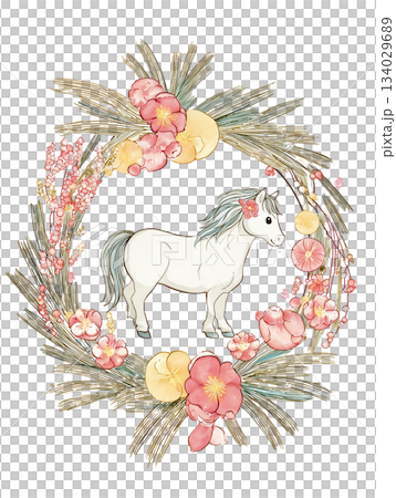 植物水彩花環和小馬插圖 植物水彩花環和小馬插圖 134029689