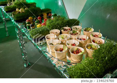 Elegant mushroom appetizer display, Serving tray featuring mushroom inspired treats, Artfully arranged decorative tray with creamy mushroom topped toasted bread slices 134029760