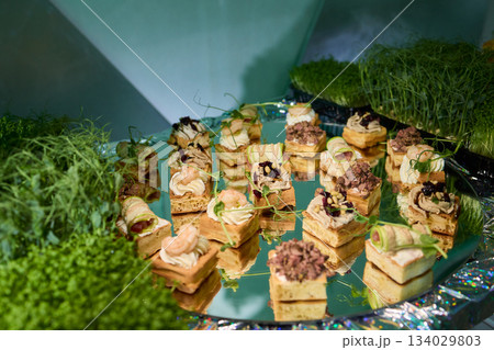 Elegant mushroom appetizer display, Serving tray featuring mushroom inspired treats, Artfully arranged decorative tray with creamy mushroom topped toasted bread slices Elegant mushroom appetizer display, Serving tray featuring mushroom inspired treats, Artfully arranged decorative tray with creamy mushroom topped toasted bread slices 134029803