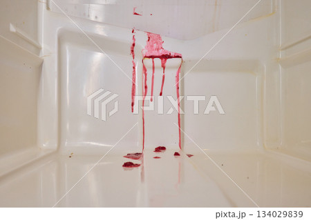 Violent bloodshed in bathroom, Bloodstains detail recent brutal attack, Forensic scene reveals recent violent event with blood and evidence prepared for investigation 134029839