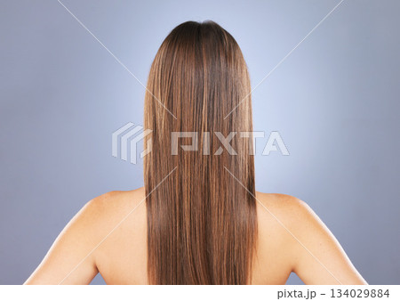 Woman, beauty and hair in studio for texture, growth and healthy shine on blue background. Aesthetic female model back for haircare, self care and cosmetic results for salon or hairdresser treatment Woman, beauty and hair in studio for texture, growth and healthy shine on blue background. Aesthetic female model back for haircare, self care and cosmetic results for salon or hairdresser treatment 134029884