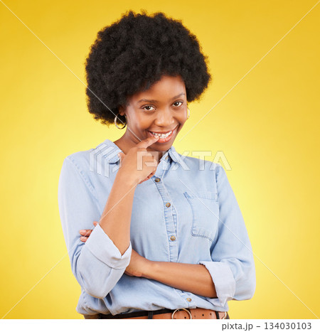 Happy, flirting and portrait of a black woman in a studio with confidence, love and romance face. Happiness, smirk and African female model biting her finger for a sexy gesture by a yellow background Happy, flirting and portrait of a black woman in a studio with confidence, love and romance face. Happiness, smirk and African female model biting her finger for a sexy gesture by a yellow background 134030103