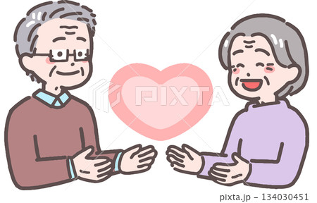 シニアの男女カップルがハートと向き合うイラスト シニアの男女カップルがハートと向き合うイラスト 134030451