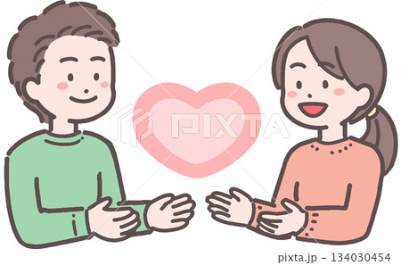 若い男女カップルがハートと向き合うイラスト 若い男女カップルがハートと向き合うイラスト 134030454