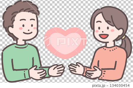 若い男女カップルがハートと向き合うイラスト 若い男女カップルがハートと向き合うイラスト 134030454