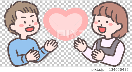 男の子と女の子がハートと向き合うイラスト 134030455