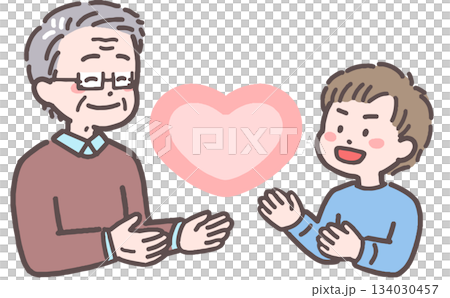Illustration of a senior man and a boy facing a heart Illustration of a senior man and a boy facing a heart 134030457
