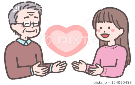 シニア男性と若い女性がハートと向き合うイラスト 134030458
