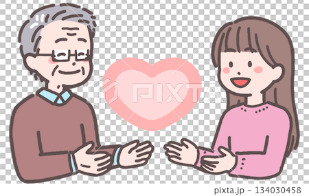 シニア男性と若い女性がハートと向き合うイラスト 134030458