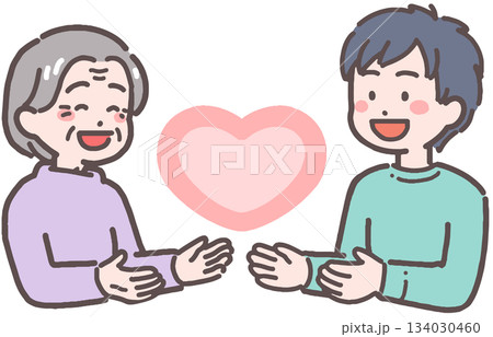 シニア女性と若い男性がハートと向き合うイラスト 134030460
