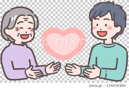 シニア女性と若い男性がハートと向き合うイラスト 134030460