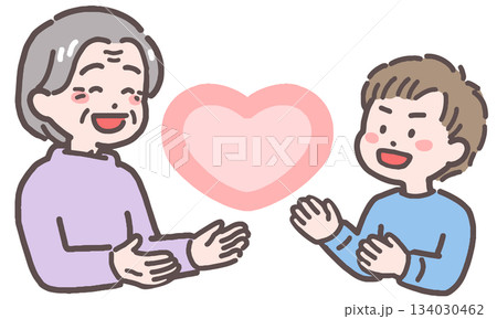 シニア女性と男の子がハートと向き合うイラスト シニア女性と男の子がハートと向き合うイラスト 134030462