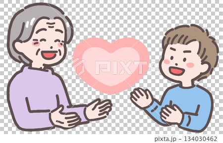 シニア女性と男の子がハートと向き合うイラスト シニア女性と男の子がハートと向き合うイラスト 134030462
