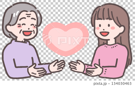 シニア女性と若い女性がハートと向き合うイラスト 134030463