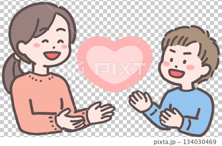 若い女性と男の子がハートと向き合うイラスト 134030469