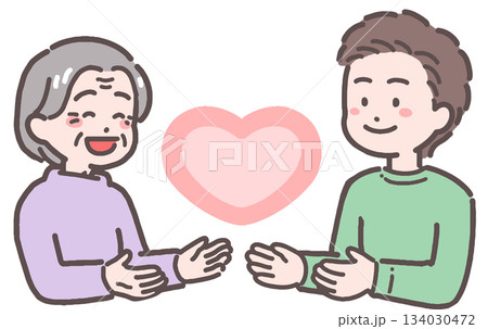 シニア女性と若い男性がハートと向き合うイラスト 134030472