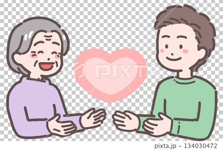 シニア女性と若い男性がハートと向き合うイラスト 134030472