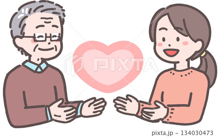 シニア男性と若い女性がハートと向き合うイラスト 134030473