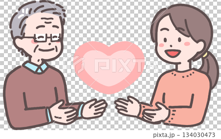 シニア男性と若い女性がハートと向き合うイラスト 134030473