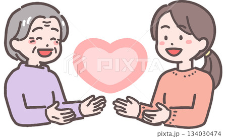 シニア女性と若い女性がハートと向き合うイラスト 134030474