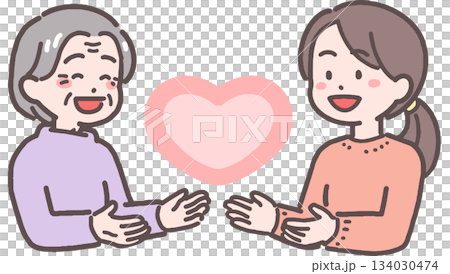 シニア女性と若い女性がハートと向き合うイラスト 134030474