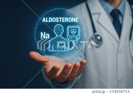 Medical professional holds holographic display showing aldosterone and sodium, symbolizing connection between hormones and heart health. This emphasizes importance of medical knowledge 134030753