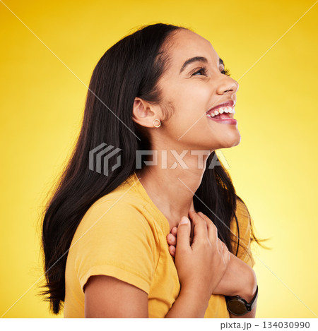 Woman laugh, profile and studio with a excited young model happy with casual fashion. Isolated, yellow background and gen z, student and female person with a smile feeling happiness and surprise Woman laugh, profile and studio with a excited young model happy with casual fashion. Isolated, yellow background and gen z, student and female person with a smile feeling happiness and surprise 134030990