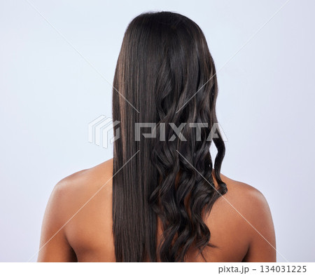 Back view, woman or hair care in studio for beauty self care or style treatment isolated on white background. Curly style, relaxing or girl model in salon spa in grooming routine on mockup space Back view, woman or hair care in studio for beauty self care or style treatment isolated on white background. Curly style, relaxing or girl model in salon spa in grooming routine on mockup space 134031225