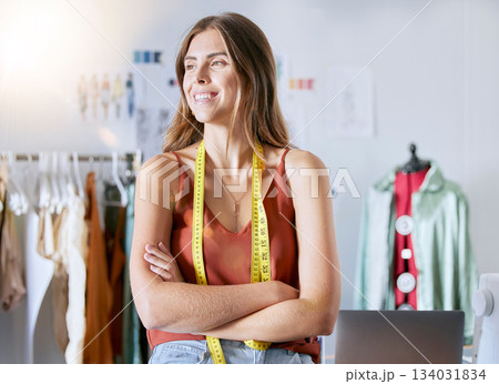 Fashion studio, design woman and small business owner with tape measure to tailor textile fabric, luxury clothes or outfit. Confident creative designer with startup vision, mission and workshop goals Fashion studio, design woman and small business owner with tape measure to tailor textile fabric, luxury clothes or outfit. Confident creative designer with startup vision, mission and workshop goals 134031834