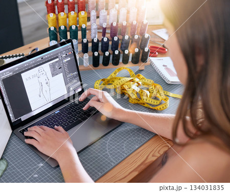 Fashion design, digital work and clothing production computer working on a online creative job. Textile manufacturing, seamstress and creative sewing worker on technology for tailor business Fashion design, digital work and clothing production computer working on a online creative job. Textile manufacturing, seamstress and creative sewing worker on technology for tailor business 134031835