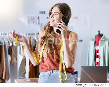 Fashion, designer and creative with woman and phone call for manufacturing, management and planning. Textile, fabric and tape with small business owner for industry, luxury and retail for boutique 134031836