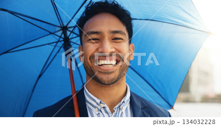 Happy, umbrella and portrait of businessman in city for travel, morning commute and trip to work. Professional, smile and person with protection with confidence for career, job and ambition outdoor Happy, umbrella and portrait of businessman in city for travel, morning commute and trip to work. Professional, smile and person with protection with confidence for career, job and ambition outdoor 134032228