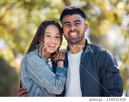 Couple, outdoor and portrait with a smile for love, care and happiness together in summer. Young man and woman at nature park for affection or hug on a happy and romantic date or vacation to relax Couple, outdoor and portrait with a smile for love, care and happiness together in summer. Young man and woman at nature park for affection or hug on a happy and romantic date or vacation to relax 134032300