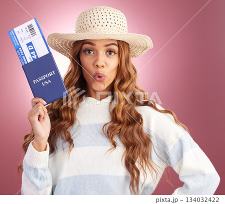 Woman, passport and plane ticket in studio portrait with happiness, identity and paperwork by gradient background. Happy student girl, USA travel documents and smile for freedom, vacation or holiday 134032422