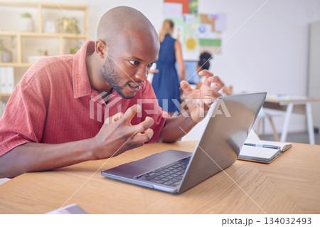 Office laptop, stress and frustrated black man, web designer or person with design, illustration or digital software problem. Mental health, 404 glitch and male angry over wireframe software error 134032493