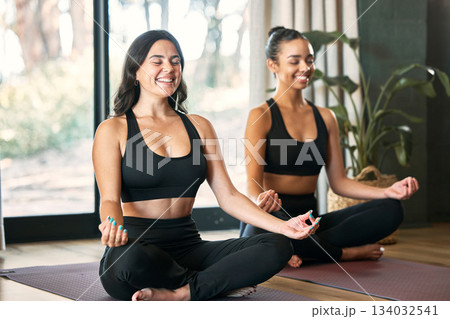 Yoga smile, lotus meditation and friends in gym for health, wellness or mindfulness exercise. Pilates, zen chakra and happy females, girls or women training, holistic workout or meditate for peace. 134032541