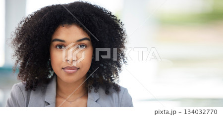 Business woman, portrait and face with space in office for mockup and pride for corporate career. Professional female entrepreneur working at startup for motivation, vision success and growth 134032770