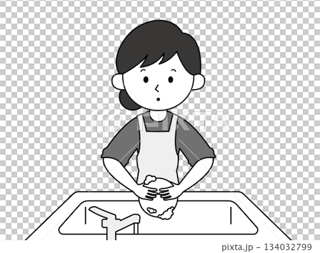 家庭主婦洗碗的插圖，單色 134032799