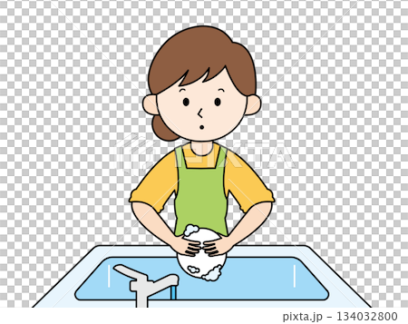 Illustration of a housewife washing dishes, with lines Illustration of a housewife washing dishes, with lines 134032800