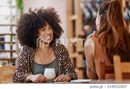 Coffee shop, friends and women in conversation, happy discussion and talking of small business or restaurant review. Excited, gen z and customer or african people chat, funny and drink tea at a cafe Coffee shop, friends and women in conversation, happy discussion and talking of small business or restaurant review. Excited, gen z and customer or african people chat, funny and drink tea at a cafe 134032807