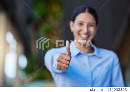 Thumbs up, portrait and business woman for outdoor success, like and okay or support, vote and subscribe sign. Happy face of professional person or winner in yes, winning and agreement hands or emoji Thumbs up, portrait and business woman for outdoor success, like and okay or support, vote and subscribe sign. Happy face of professional person or winner in yes, winning and agreement hands or emoji 134032808