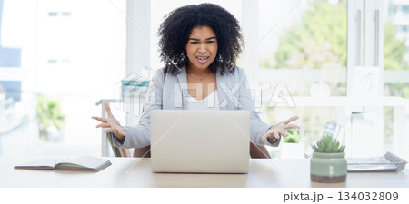 Annoyed business woman, laptop or stress in financial planning failure, crisis or investment fraud. Frustration, angry or corporate worker on technology with 404 glitch, finance scam or phishing risk 134032809