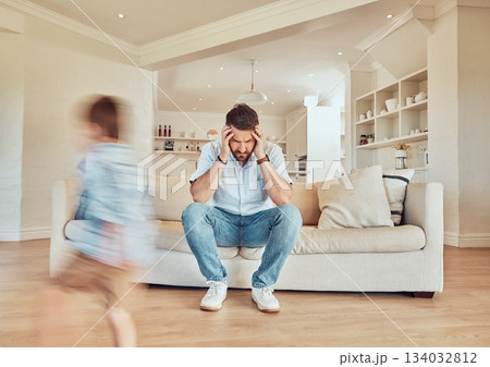 Headache, father and kids running in living room, depression and fatigue. Stress, tired dad and children run in lounge, exhausted or burnout, migraine or frustrated, pain or noise on sofa in house 134032812